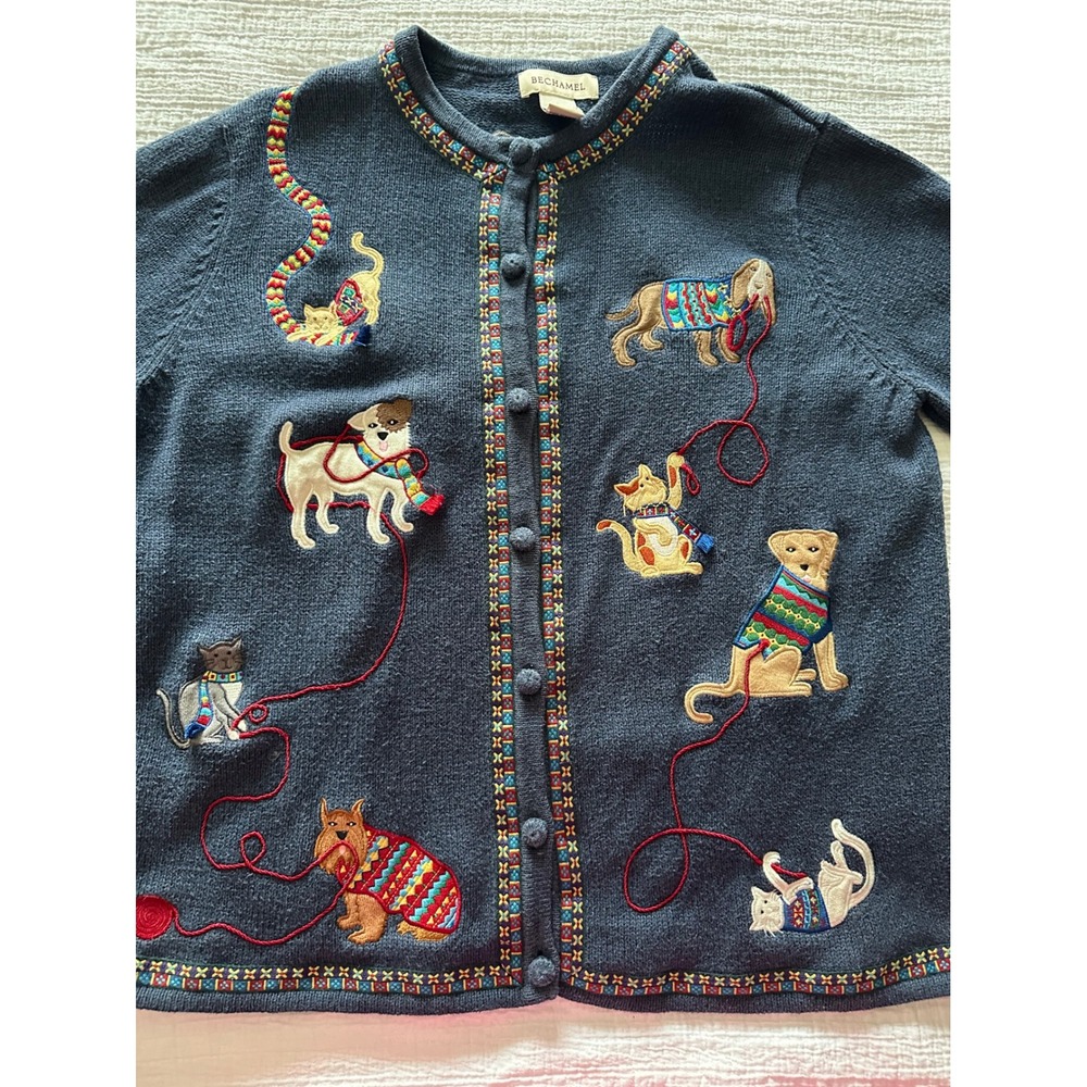Vintage Bechamel Embroidered Dog & Cat Novelty Cardigan Blue Large - Picture 3 of 7